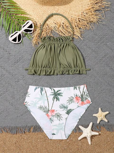 Girls Tropical Print Frill Trim Halter Bikini Swimsuit Lynks Shop