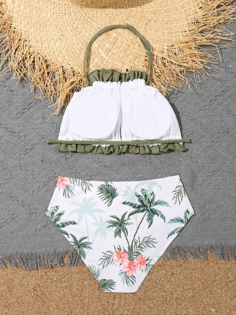 Girls Tropical Print Frill Trim Halter Bikini Swimsuit Lynks Shop