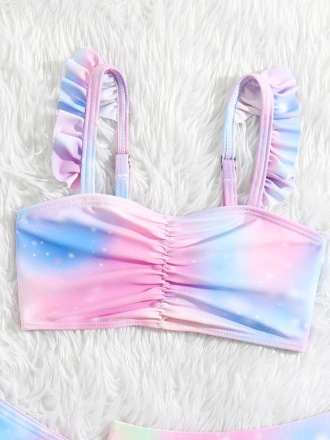 Baby Tie Dye Ruched Ruffle Trim Bikini Swimsuit With Beach Skirt