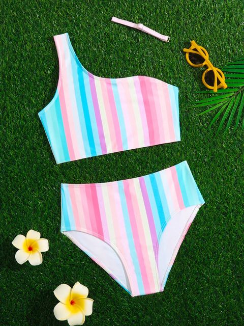 Girls Striped One Shoulder Bikini Swimsuit Lynks Shop