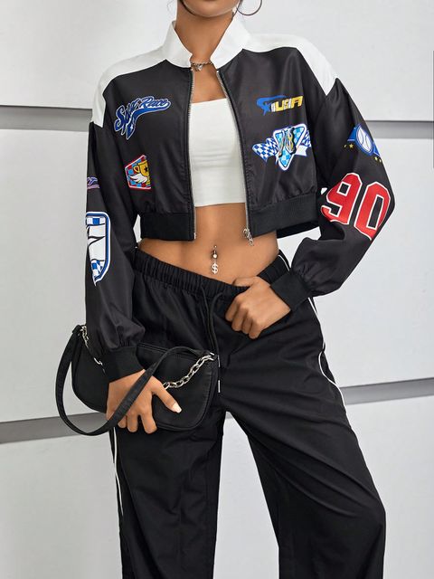 SHEIN EZwear Letter Graphic Two Tone Drop Shoulder Bomber