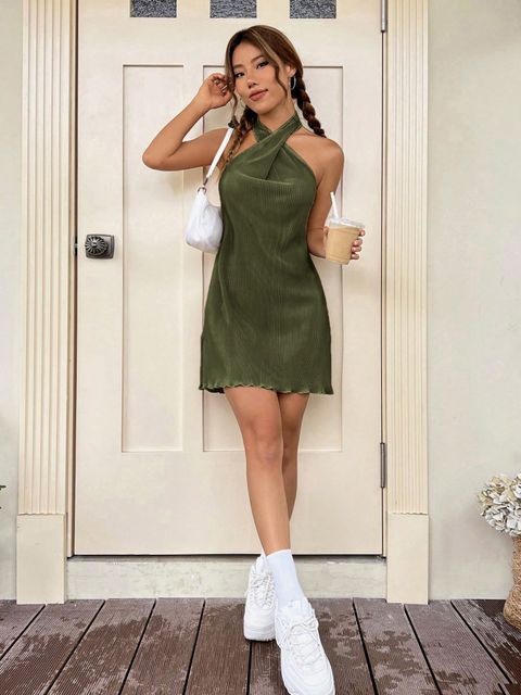 SHEIN EZwear Solid Criss Cross Halter Neck Backless Dress | Lynks Shop