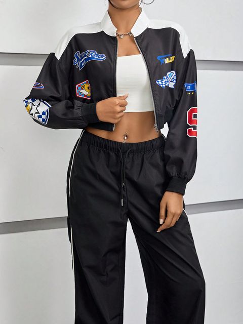 SHEIN EZwear Letter Graphic Two Tone Drop Shoulder Bomber