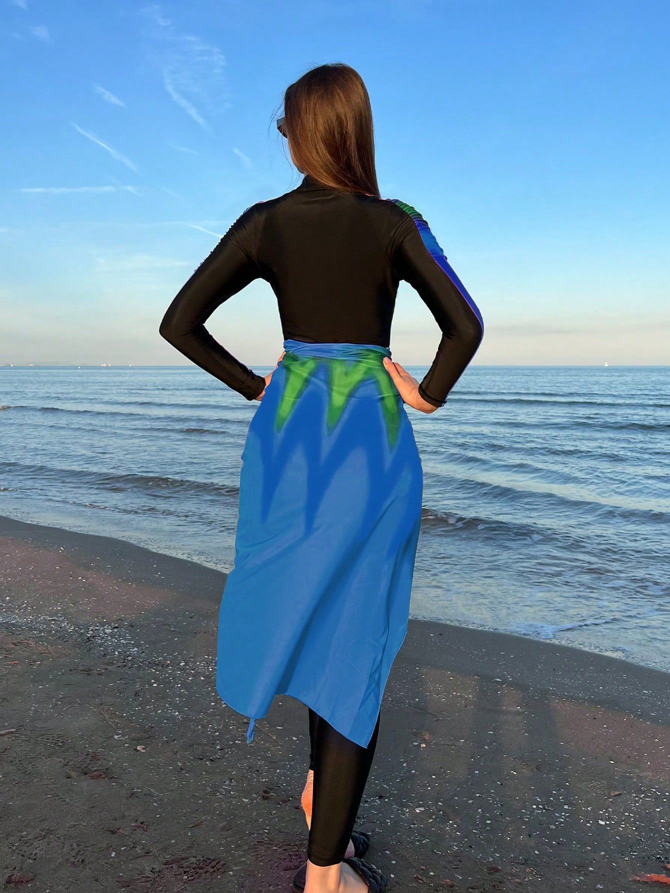 Full Body Colorblock Burkini Swimsuit With Beach Skirt