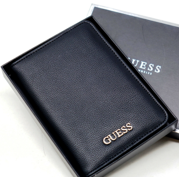 Guess Unisex Black Faux Leather Logo Passport Case Holder Wallet + Gift 