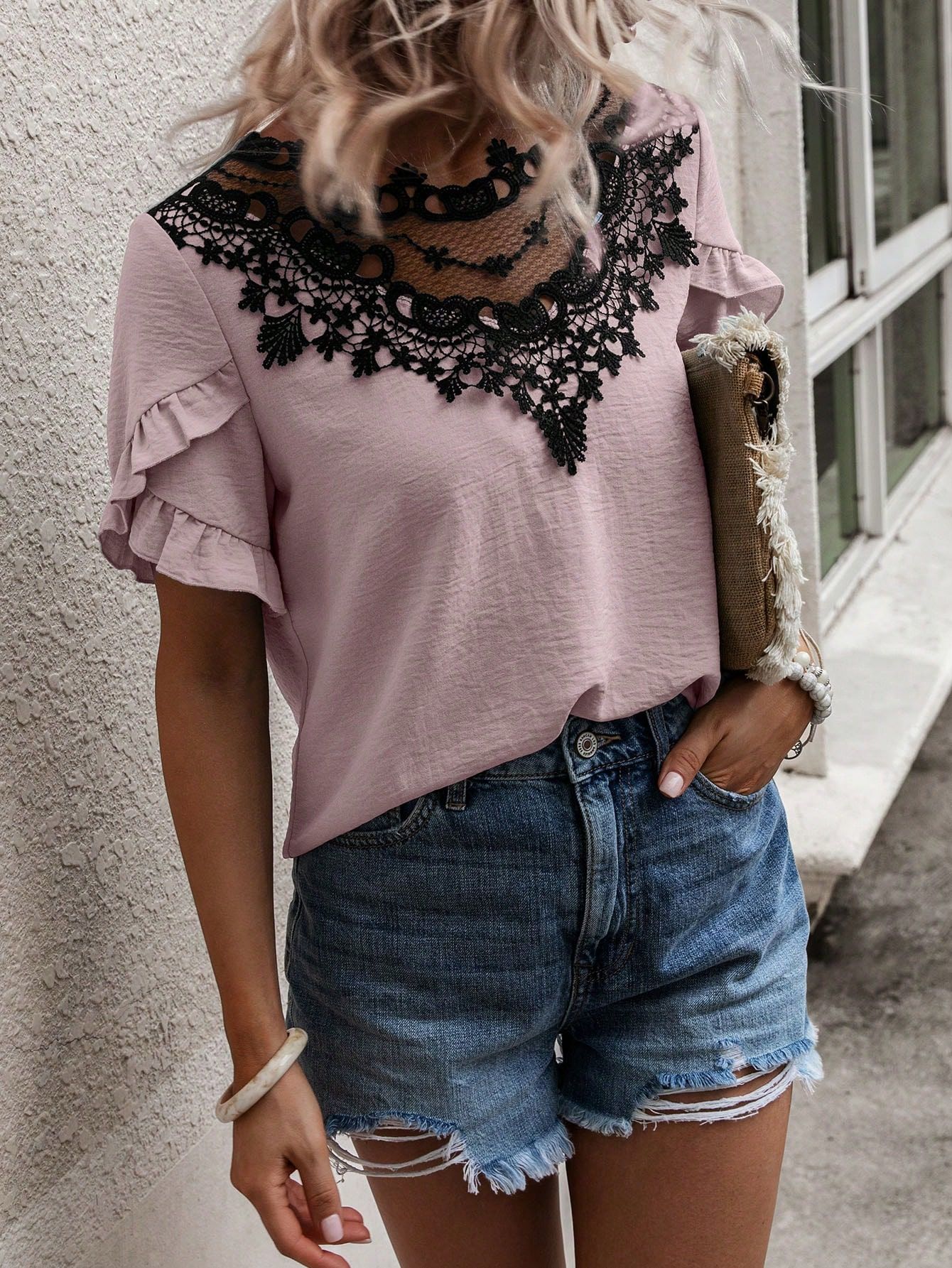 Contrast Guipure Lace Ruffle Trim Blouse