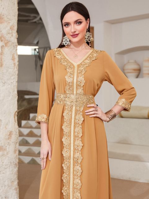 chinese dress ladies SHEIN Modely Flounce Sleeve Mermaid Hem Guipure Lace Prom Dress, M1431601,  Camel, M : Buy Online at Best Price in KSA main image 0