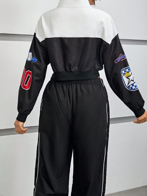 SHEIN EZwear Letter Graphic Two Tone Drop Shoulder Bomber