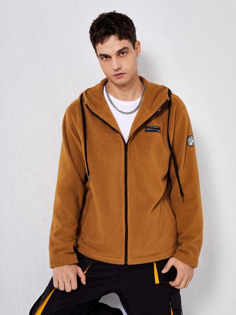 SHEIN Men Patched Detail Drawstring Hooded Flannel Jacket | Lynks Shop