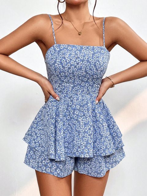 _^新品Floral Cozy Cami Romper M SHEIN Floral Print Belted Cami